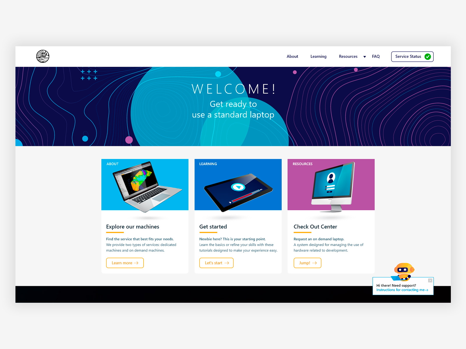 Remote Computing Portal, homepage with three navigation cards and persistent service status