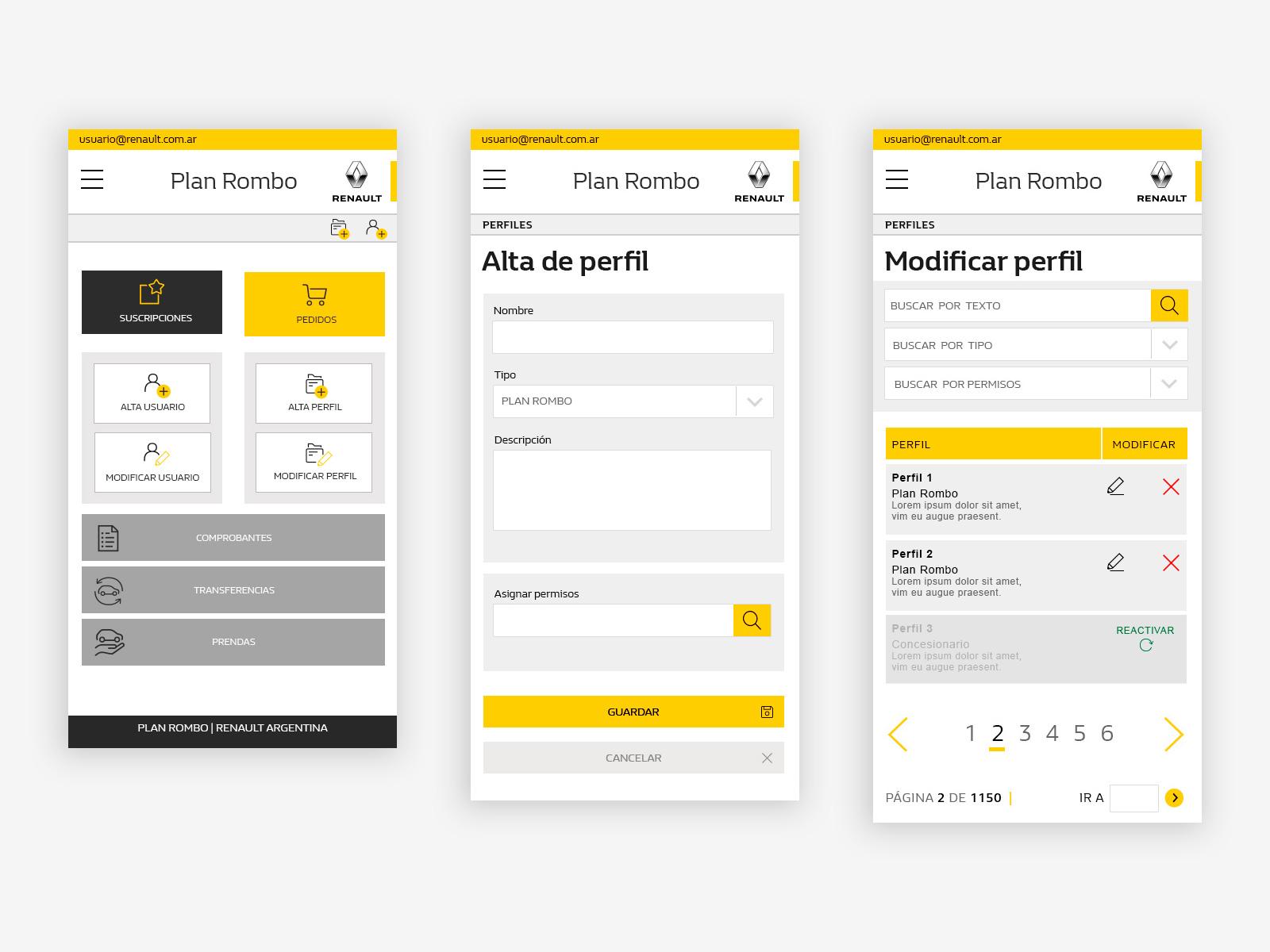 Plan Rombo mobile — dashboard, new profile form, and profile list