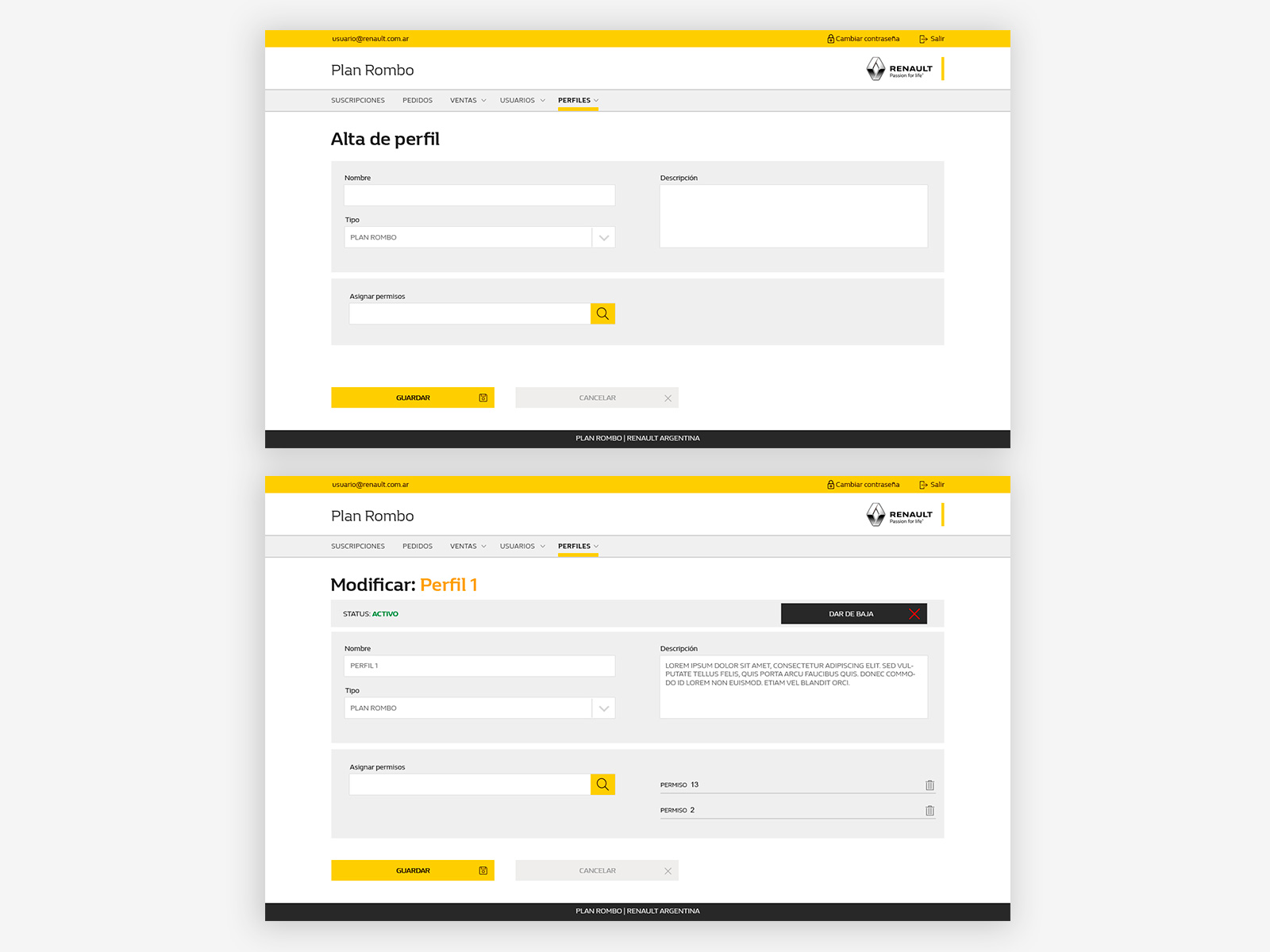 Plan Rombo desktop — new profile form and edit profile