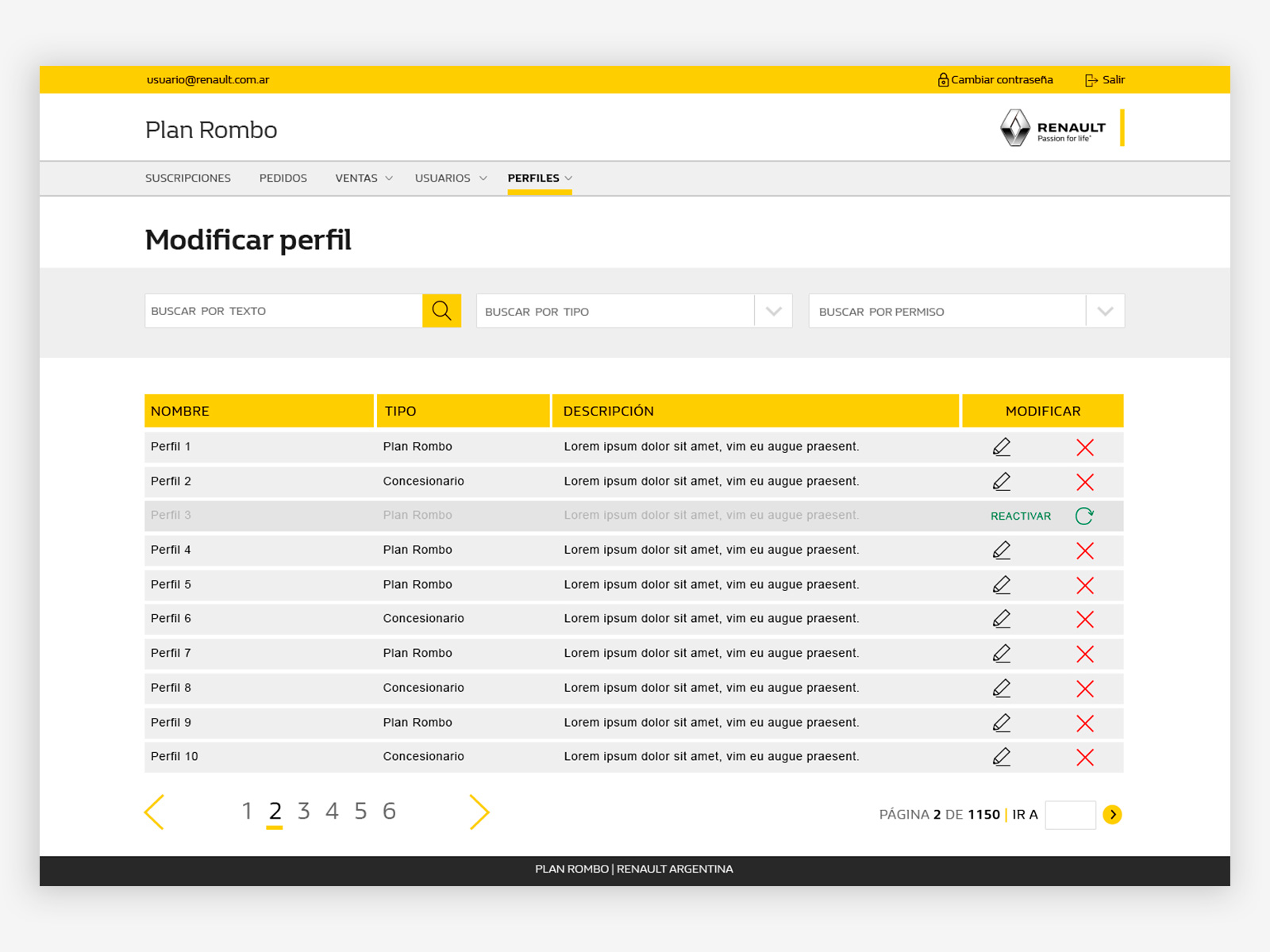 Plan Rombo desktop — profile list with filters