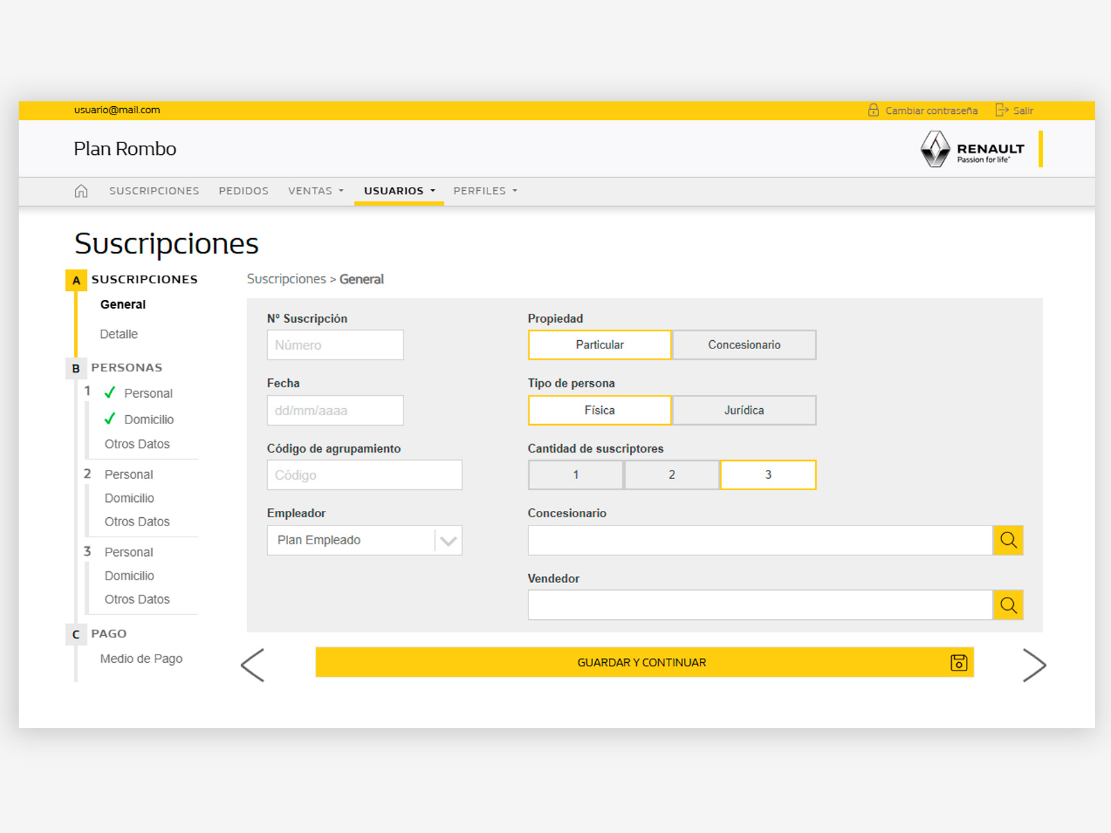 Plan Rombo — subscription step form in action