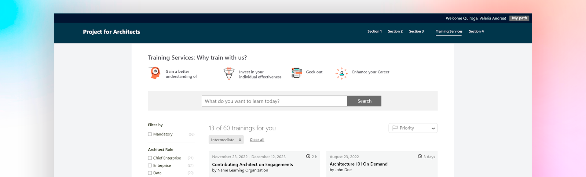 Architecture Learning Portal — training catalog with filters