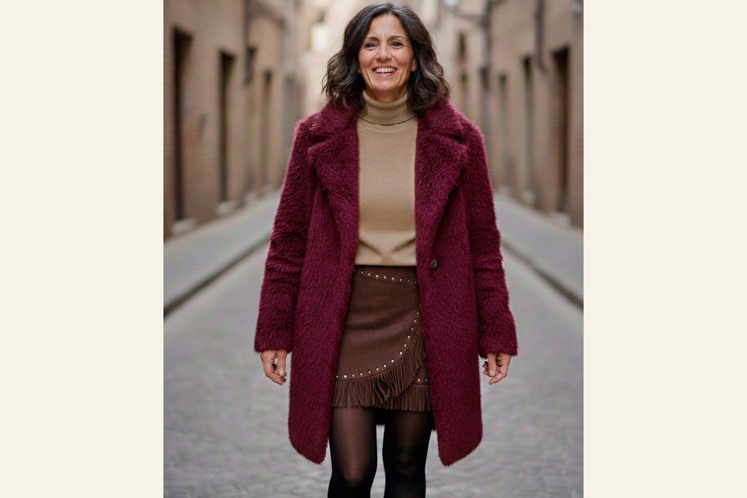 AI-enhanced result — red coat on model