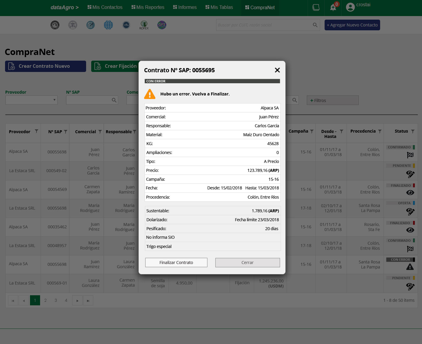 Contract modal in Error state — warning banner
