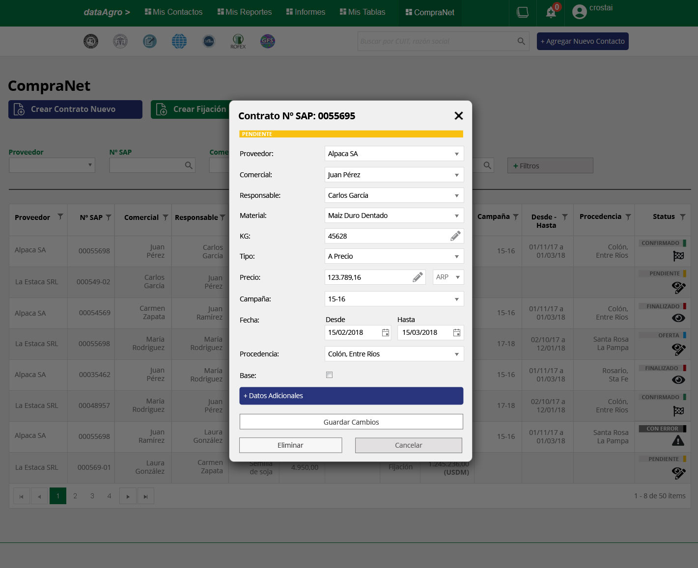 Contract modal in Pending state — editable form