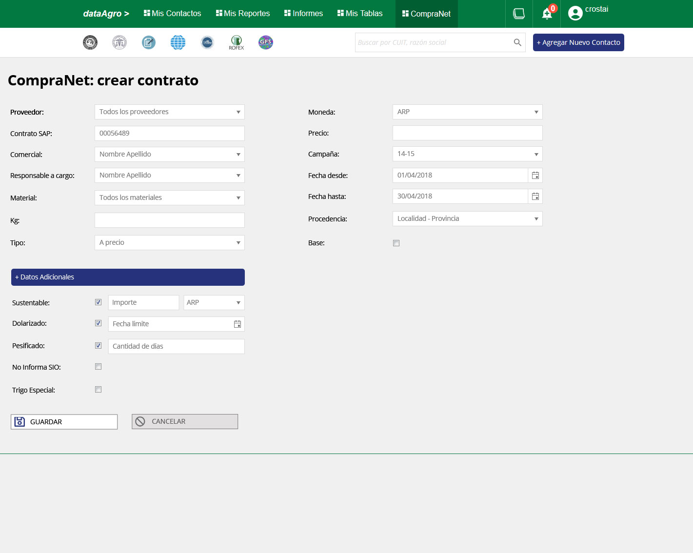 Contract creation form with Additional Data section expanded