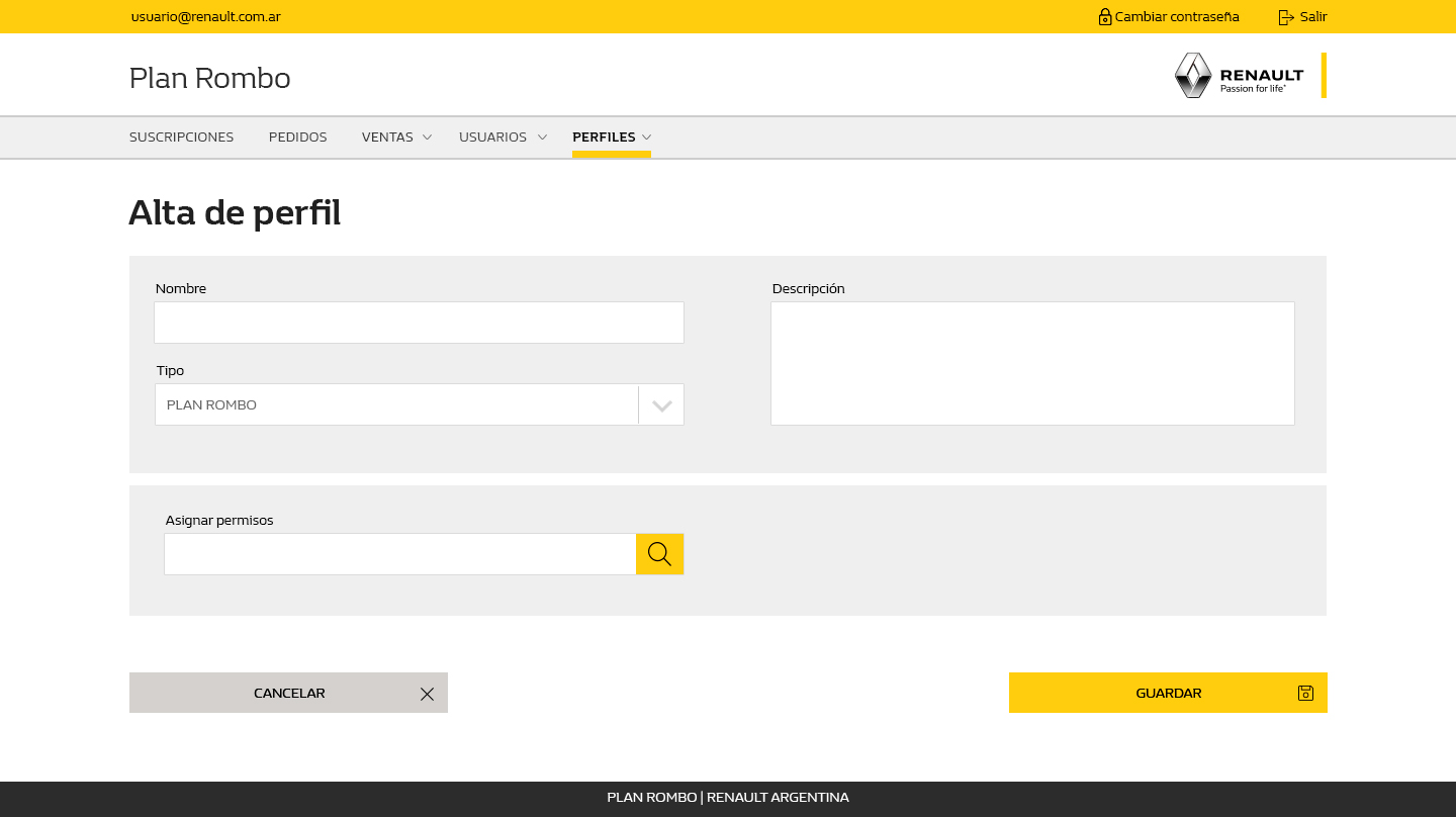 Plan Rombo desktop — new profile form with name, type, description and permission search