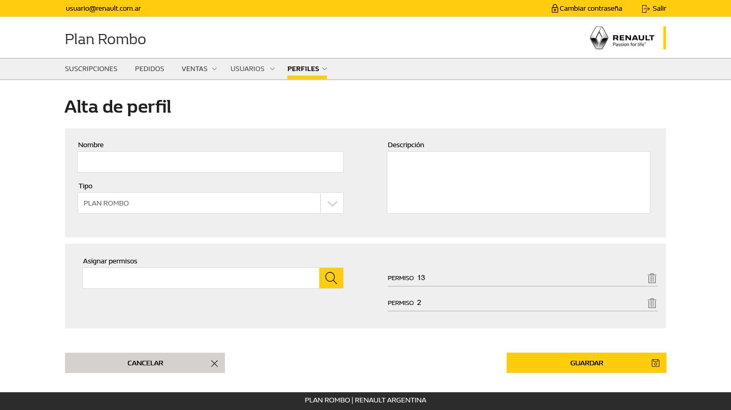 Plan Rombo desktop — profile form with assigned permissions listed below search field