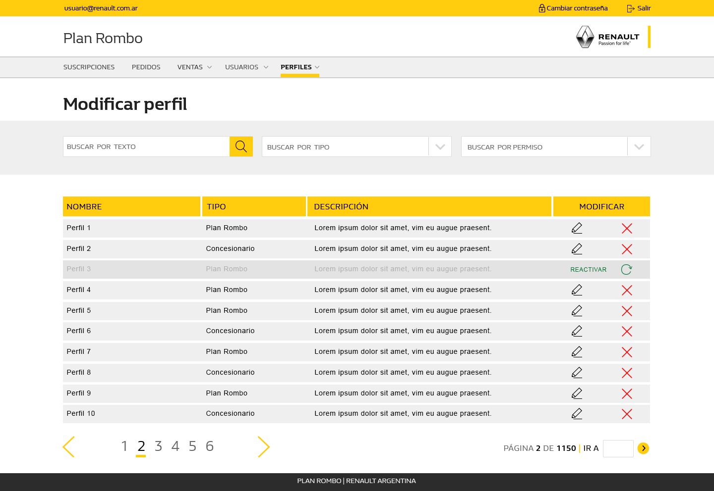Plan Rombo desktop — edit profile with status controls and assigned permissions list