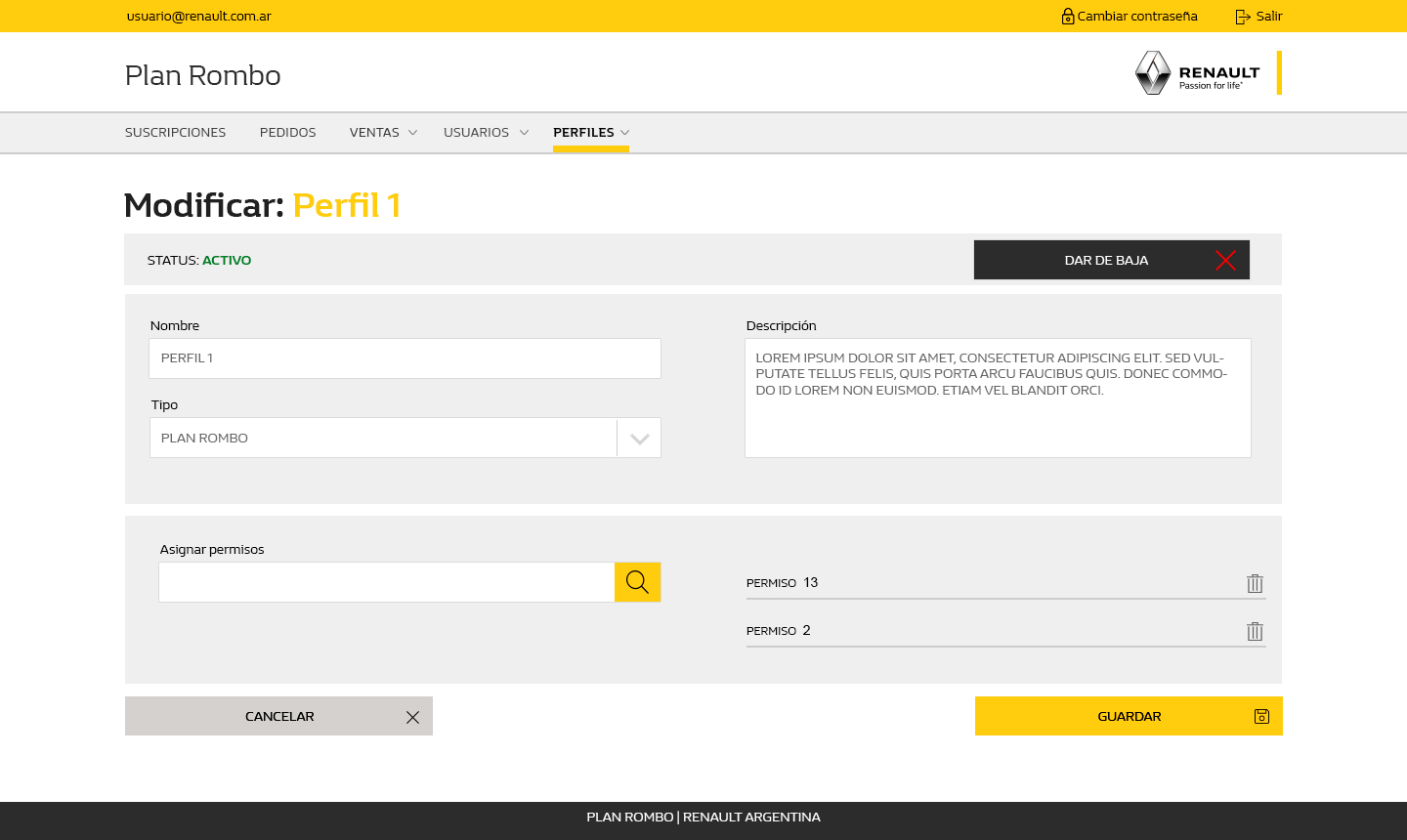 Plan Rombo desktop — profile list with multi-column filters, status indicators, and inline actions across 1,150 pages