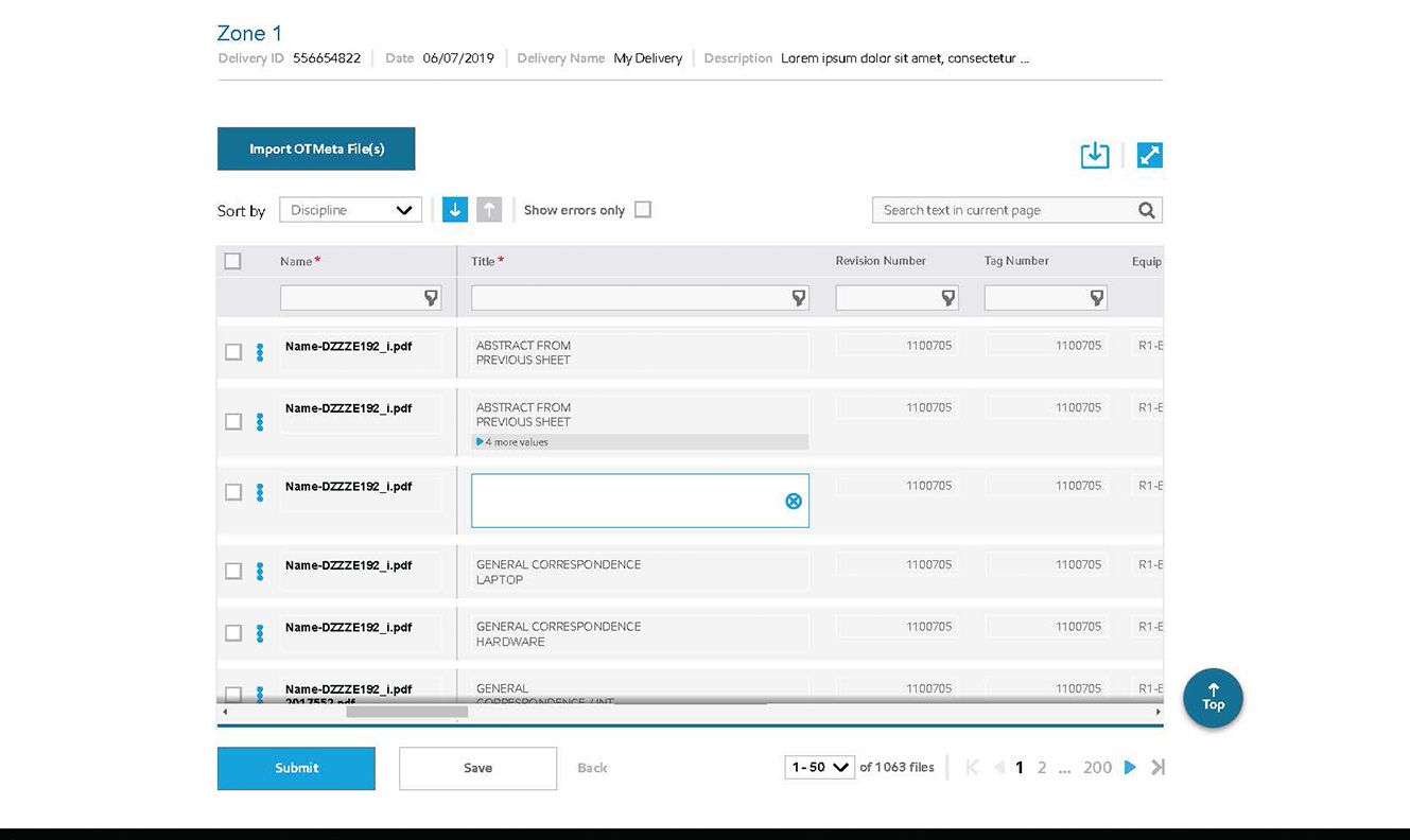 DropZone — metadata table with inline editing