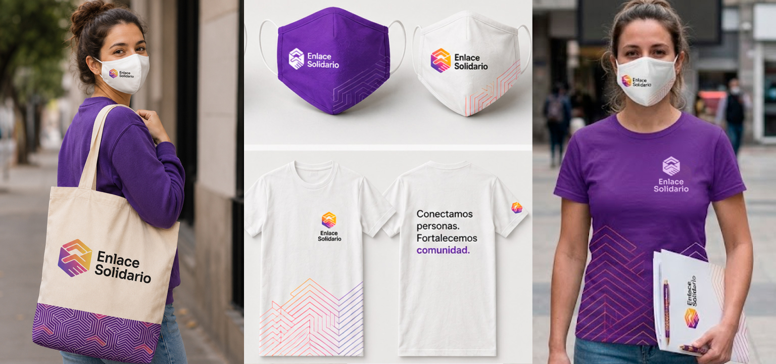 Enlace Solidario collateral — tote bag in use, volunteer masks in two colourways, branded t-shirt with chevron pattern, and volunteer in the field