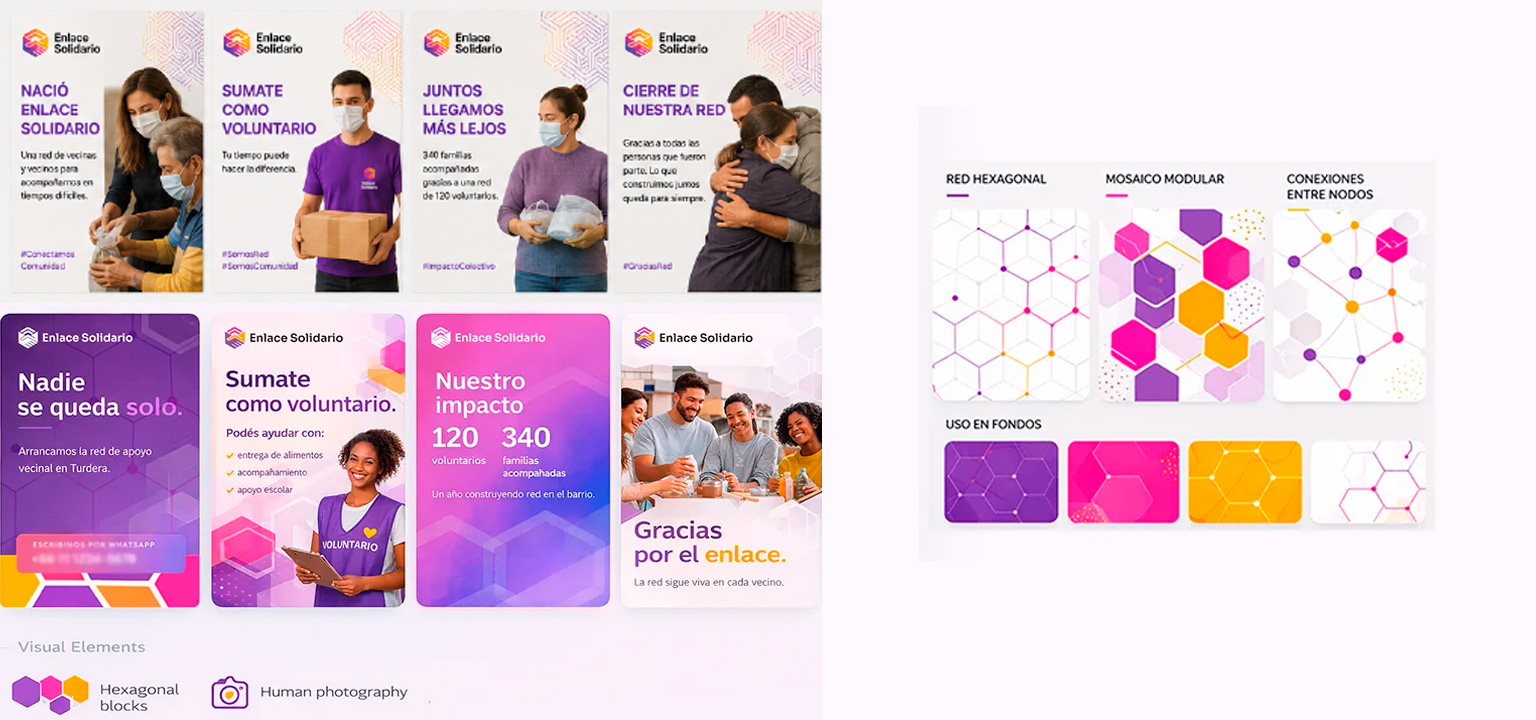 Enlace Solidario social media posts and graphic system — hexagonal network, modular mosaic, and node connection patterns with background usage examples