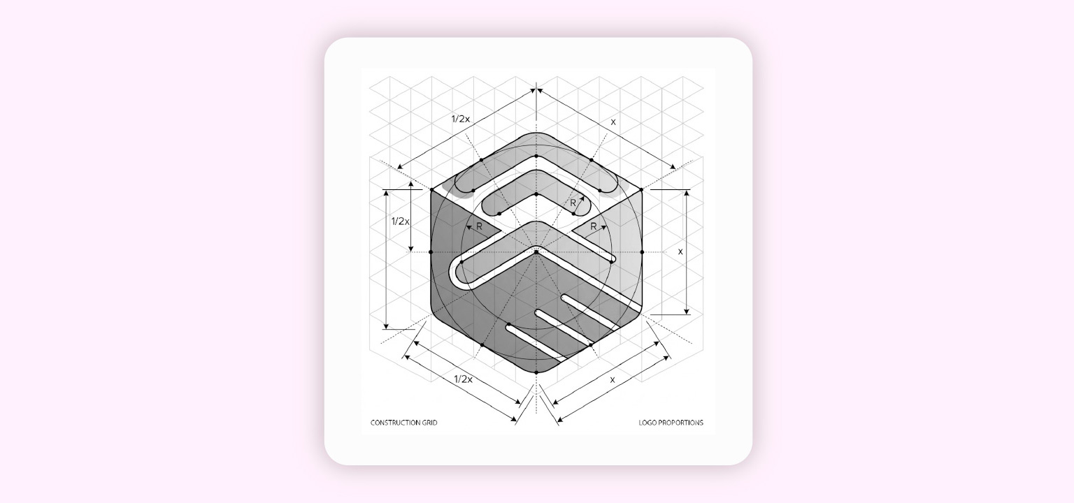 Enlace Solidario logo construction grid showing isometric grid, proportional measurements, and radius values