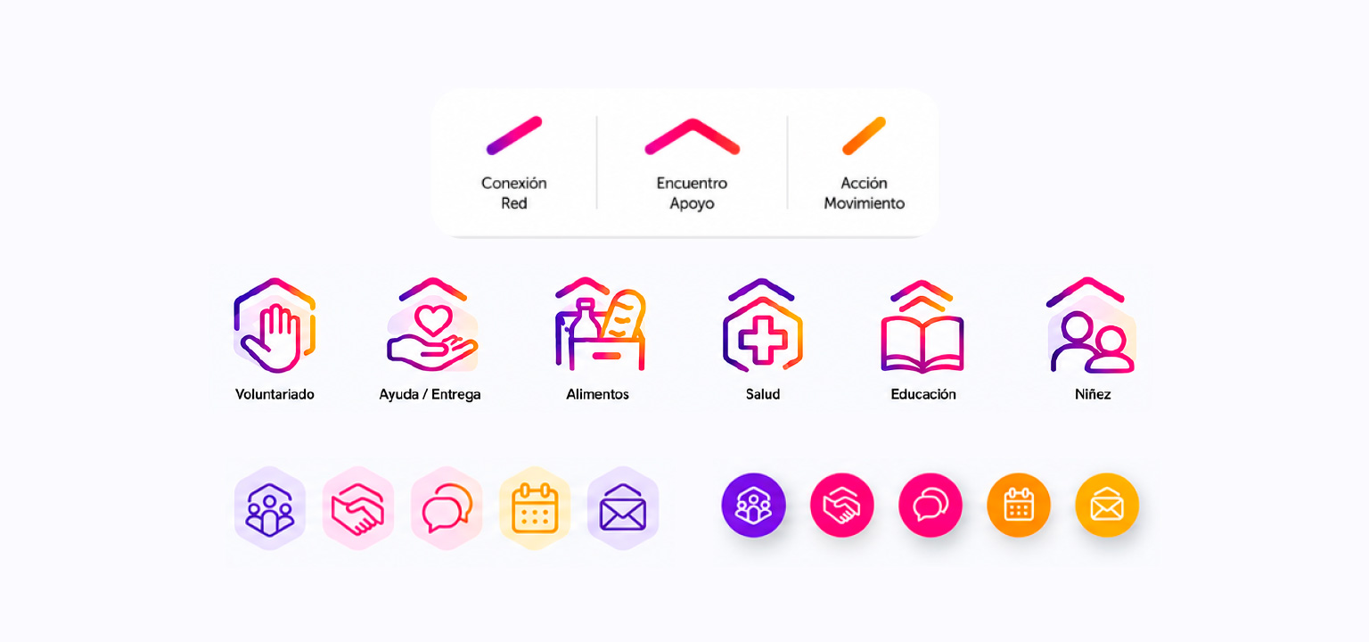 Enlace Solidario icon set — three graphic primitives, six service icons, and UI icons in outline and filled styles