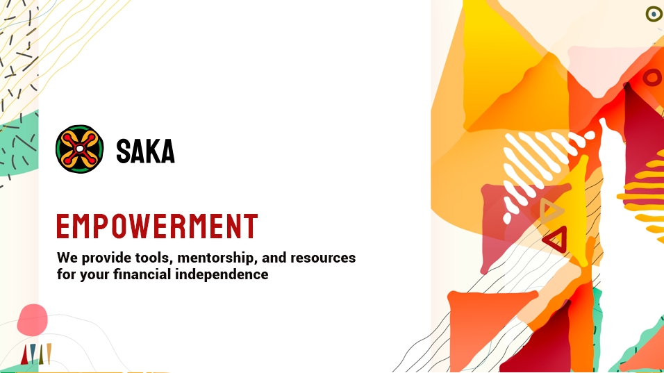 Saka title slide with baobab illustration and geometric background