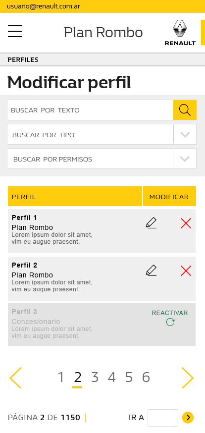 Plan Rombo mobile — profile list