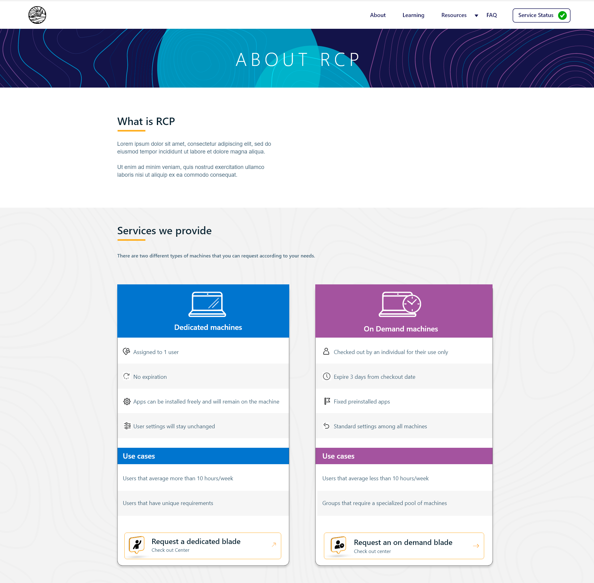 Remote Computing Portal — dedicated vs on-demand machine comparison with use cases and request actions