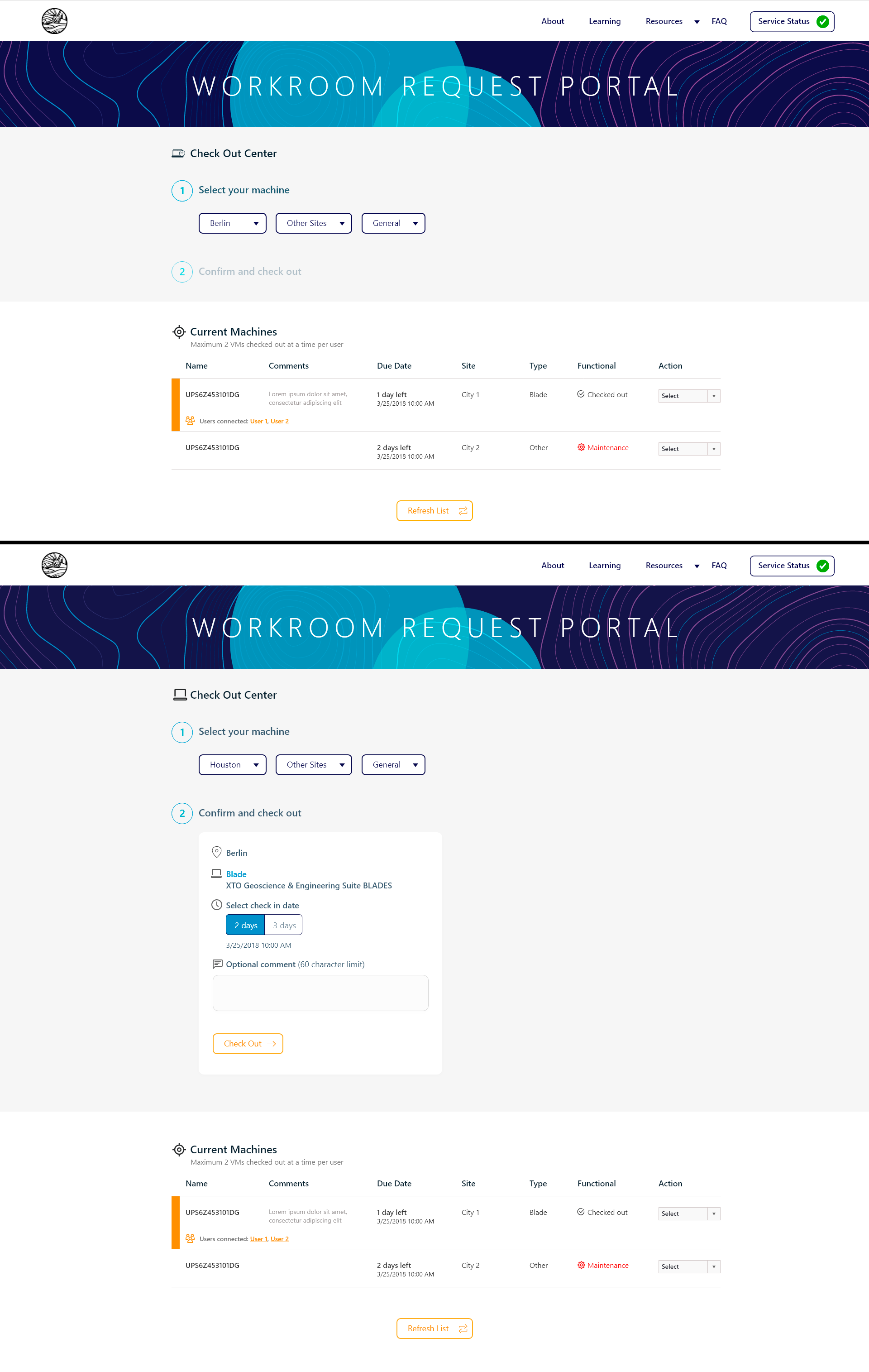 Remote Computing Portal — two-step machine checkout flow with location filters and confirmation card