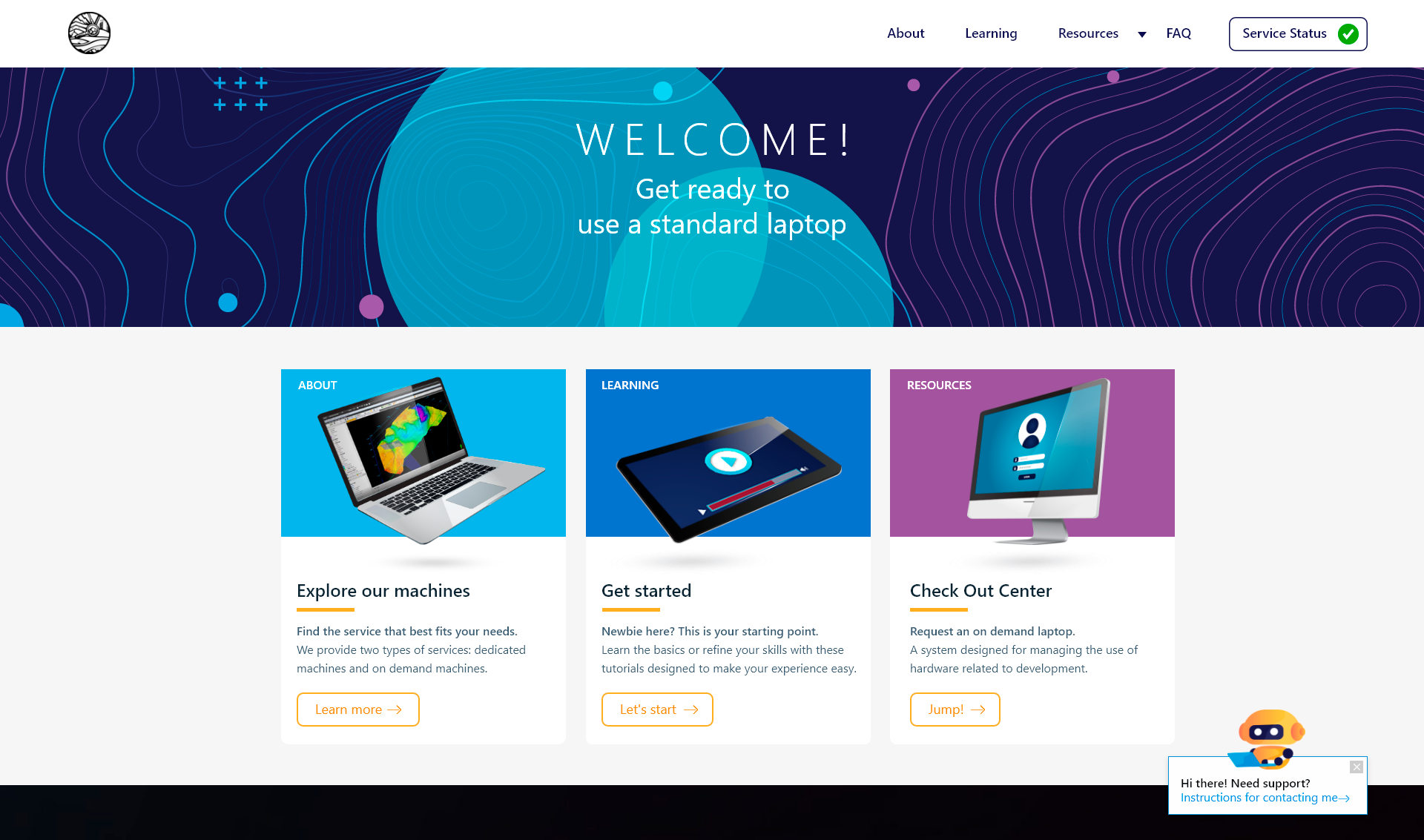 Remote Computing Portal — homepage with three navigation cards: About, Learning, and Resources