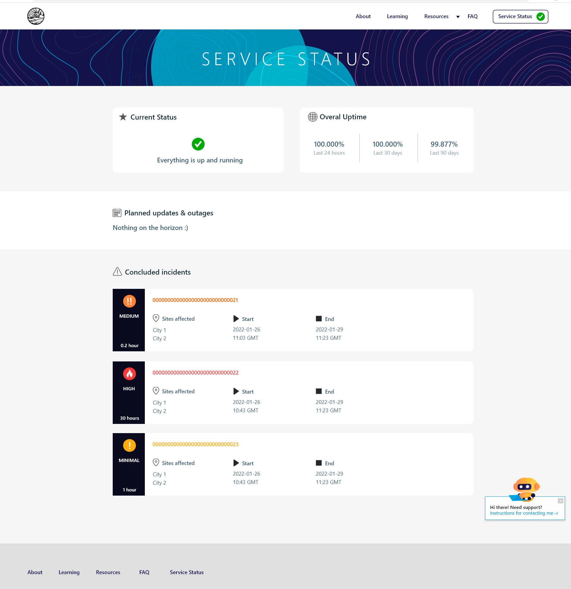 Remote Computing Portal — service status dashboard with uptime metrics and incident severity levels
