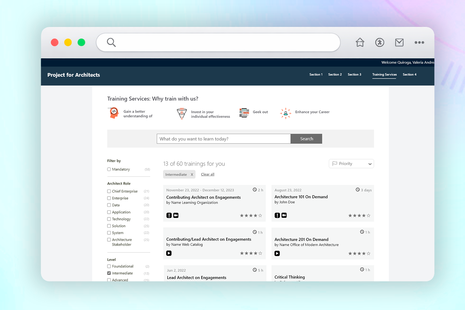Architecture Learning Portal — course catalog with filters and personalized learning paths