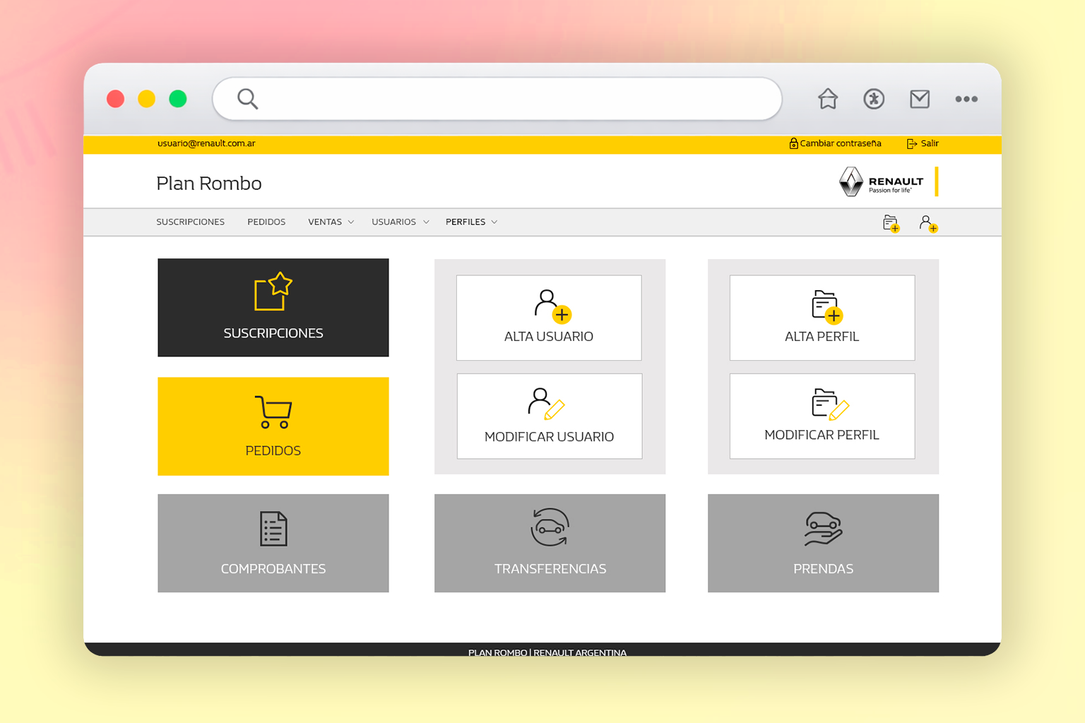 Plan Rombo — dashboard with large action tiles for user and permission management